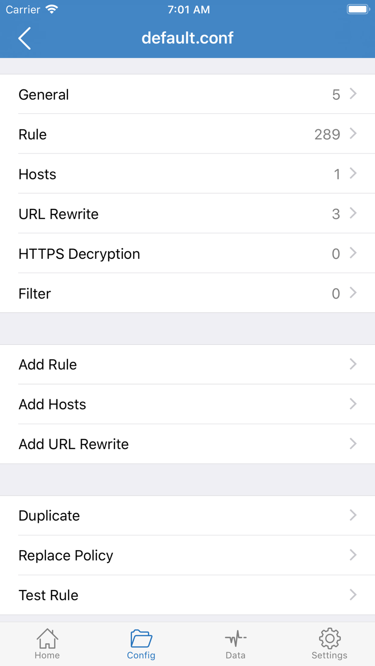 Shadowrocket 的 Config 官方截圖，顯示 General、Rule、Hosts、URL Rewrite、HTTPS Decryption 區段與 Add Rule