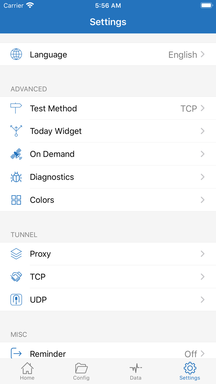 Shadowrocket 的 Settings 官方截圖，顯示 Language、Test Method、Today Widget、On Demand、Diagnostics、Proxy、TCP 與 UDP