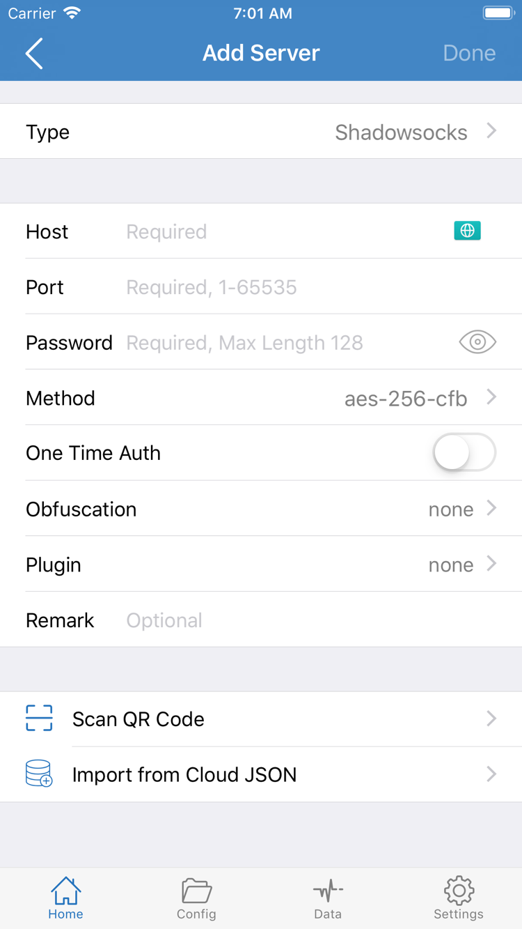 Shadowrocket 的 Add Server 官方截圖，顯示 Type、Host、Port、Password、Method，以及 Scan QR Code 和 Import from Cloud JSON