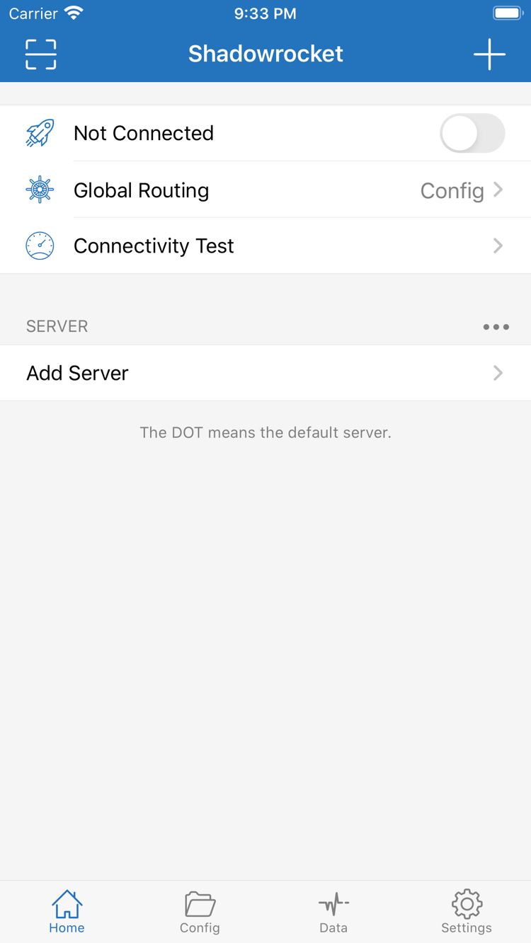 Shadowrocket 官方 Home 截圖，顯示連線開關、Global Routing 與 Add Server